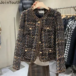 Vintage Jackets Women Clothing O-neck Long Sleeve Pocket Tweed Temperament Tops Fashion Korean Cropped Coat Y2k Clothes 240301