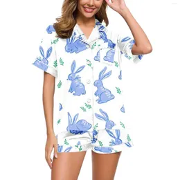 Kvinnors sömnkläder Happy Easter Print Women Pyjama Set Slå ner krage Faux Silk Satin Kort ärm Topp Shorts Tvådelar Set hemkläder