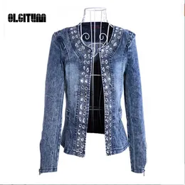 سترات نسائية 2016 معطف Women Denim حجم كبير مع الترتر من رينستون O-Neck Denim Jackets 240305