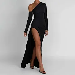 Casual Kleider Schräge Schulter Oberschenkel Hohe Split Langes Kleid Frauen Schwarz Sexy Club Party Maxi Hülse Backless Elegante Abend