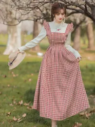 Klänning Autumn Winter CottageCore Red Plaid Dress Woman Vintage Prairie Chic Sticked Brodery Elegant Lady Midi Dresses Vestido Longo