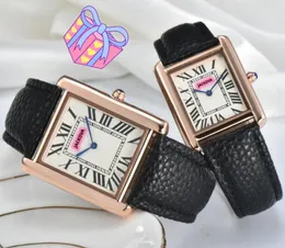 Top brand uomo e donna carro armato quadrante numero romano orologi cassa quadrata cinturino in pelle movimento al quarzo orologio rosa oro argento colore carino ragazzo ragazza braccialetto orologio da donna regali