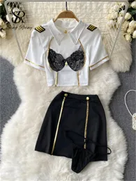 Suits tekre üniforma cosplay porno gece takım elbise bayanlar şeffaf dantel mini üst+kısa etek+şehvetli tanglar moda erotik seksi gece kıyafeti