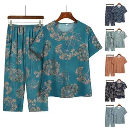 Damen Nachtwäsche Ladies Pyjamas Anzug floraler Print mit mittleren Großmutter mit kurzem Ärmel T-Shirt Weitbein Faltenhose 2 Stück