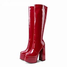 Stivali In Pelle Lacca Donna Moto Barca Street Style Naso Tondo Tacco Quadrato Piattaforma Scarpe Fatte A Mano Botas Mujer 220901