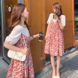 ドレスマタニティ服を着る夏のスカートファッションフローラルドレスルーズフェイクトゥピースドレスアウターショートスリーブ妊娠服