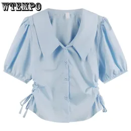 Shirt Polo Neck Drawstring Short Shirt Women Puff Sleep Top Single Breasted Sweet Solid Color Simple Casual Korean Fashion