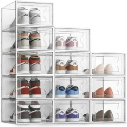 12 pacotes de caixa de armazenamento de sapatos, organizador de sapatos empilhável de plástico transparente para armário, rack de sapatos, tênis adequados para o tamanho 14, transparente 240229