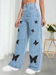 Jeans 2023 Fall Trousers High Waist Butterfly Print Y2K Jeans For Women Fashion Loose Denim Straight Leg Pants Casual Clothing XSL