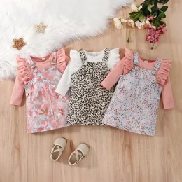 Vestidos FOCUSNORM 3 Cores Adoráveis Bebê Meninas Roupas Conjuntos 024M Manga Longa Manga Sólida Romper + Floral / Leopardo Suspender Vestido