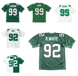 Costurado Jersey de Futebol 92 Reggie Branco 99 Jerome Brown 1990 1991 Verde Branco Malha Retro Rugby Jerseys Homens Mulheres e Juventude S-6XL