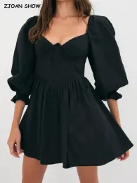 Elbise Sarayı Kadınlar Pamuk Siyah V Boyun Çelik Yüzük Elbise Fener Kılıf Dürüklü Salıncak Hem Tide Yay Bandage Geri Sırtsız Kısa Mini Çorna