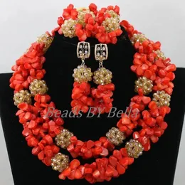 Necklace Earrings Set African Wedding Coral Bead Jewelry Costume Statement For Women Nigerian Beads Lace ABK645
