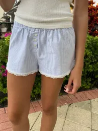 Shorts Blaue Streifen Niedliche Shorts Frau Sommer Spitzenbesatz Knöpfe Elastisch Hohe Taille Gerade Kurze Hosen Süße Lässige Y2k Mädchen Unterwäsche