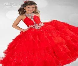 Cute Red Multi Layered Little Girl Party Ball Gowns Halter Beaded Pageant Dresses halloween costumes Kids Formal Wear1730088