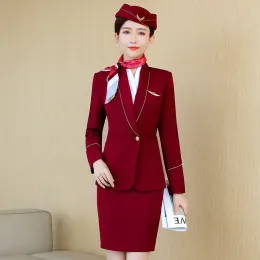 Ternos IZICFLY Novo estilo outono roupas femininas ternos conjuntos de escritório com saia negócios companhia aérea aeromoça elegante formal trabalho wear vermelho