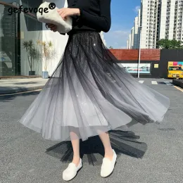 Dresses Summer New Casual Fashion High Waist Starry Sky Gradient Sequins Mesh Aline Skirt Women Elegant Allmatch Fairy Pleated Skirts