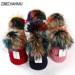 ZJBECHAHMU HATS WINTER REAL FUR POMPOMS 15cm HAT hat Warm Skullies Beanies Hat Cap