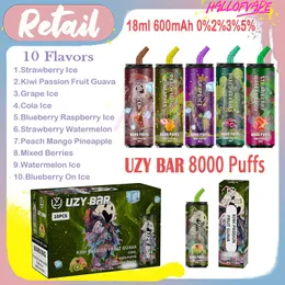 Retail Uzy Bar 8000 Puff Disposable Vape Pen 0% 2% 3% 5% Nivå 18 ml Mesh Coil 600mAh Uppladdningsbar Bdery E Cigaretter Puffs 8k