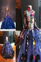 2019 Pretty Fairy High Neck Flower Girls Dress Long Sleeve 3D Floral Apliques Girls Pageant Dresses Hand Made Flowers Lace Birthda6857459