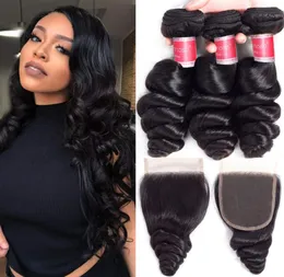 Pacotes de cabelo humano onda solta da Malásia com fecho Remy feixes de cabelo com clousres de renda suíça tecelagem para mulheres preto natural lo3638418