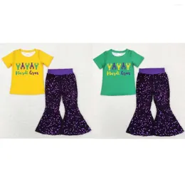 Clothing Sets Wholesale Toddler Children Mardi Gras Set Short Sleeves Crawfish Shirt Kids Purple Sequins Bell Bottom Pants Baby Girl Outfit