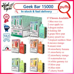 100% Original Geek Bar 15000 Puff E Cigarettes 16ml Pod Pré-preenchido Caneta Vape Descartável 5% Nível 650mAh Bateria Recarregável 17 Sabores Disponíveis Puffs 15k