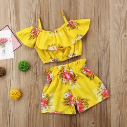 衣類セットベビーサマー服幼児の子供の女の子の花の衣装肩のベストトップショートパンツ2pcsセットカジュアルサンスーツ1-6y