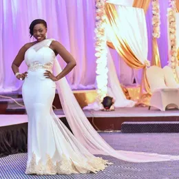 Afrika Beyaz Şifon Deniz Kızı Giz Elbiseleri Altın Aplikler Zarif Bir Omuz Tren Kadınlar Resmi Elbiseler Prom Partisi Giyiyor
