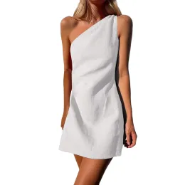 ارتداء ملابس أنيقة أبيض فستان صغير واحد كتف الكتان سيدة أنيقة كنيسة قصيرة الفساتين