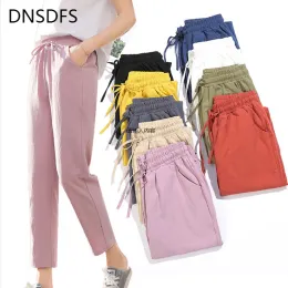 Capris Women Summer Autumn Pants Cotton Linen Solid Elastic Waist Candy Colors Harem Soft Trousers Female Lady High Quality Pant SXXL