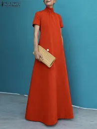 Giyim Kadınlar Kısa Kollu Maxi Elbise Zanzea Yaz Yüksek Yakalı Kleid Cüppeler Zarif Katı 2023 Vestidos Günlük Gevşek Parti Uzun Elbiseler