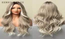 Syntetiska peruker Henry Margu Long Wavy Blond White Grey Ombre Natural Cosplay för kvinnor Middle Part Wig Heat Motent9803967