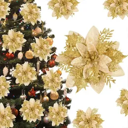 Weihnachtsdekorationen 3 Stück 14 cm Blumen Glitzer Künstliche Rotgold Blütenkopf Beere DIY Weihnachtsbaum Ornament für Zuhause Jahr