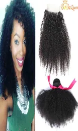 Brazylijskie afro perwersyjne kręcone włosy z zamknięciem 3 wiązki Brazylijskie przedłużenia ludzkich włosów Afro Kinky Curly z koronkowym 4x4 Closure8873571