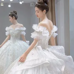 Znakomita sukienka ślubna z zasłoną dla księżniczki ukochana Bateau koraliki aplikacje cekiny ślubne suknia mokry pociąg vestido de novia niestandardowy rozmiar