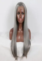 Fantasy Beauty 180 Platinum Silver Grey Straight Synthetic Spets Front Wig Glueless Heat Resistant Hair For African American7864924