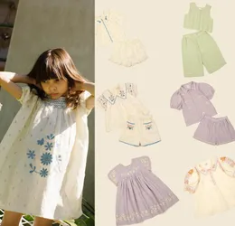 Girl Dresses Apo Children Embroidery Dress 2024 Summer Linen Blouse European American Fashion Brand Kids Clothes Casual Baby