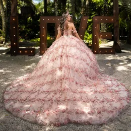 2024 Роскошные розовые блестящие платья принцессы Quinceanera с аппликациями из бисера, кружевные вечерние платья с цветочными бусинами, милое тюлевое платье Vestido De 15