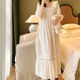 Elbiseler Victoria Beyaz Gece Elbise Kadınlar Saf Pamuk Seksi Dantel Çırpma Uzun Kollu Çöp Peignoir Sirel Prenses Vintage Nightgown