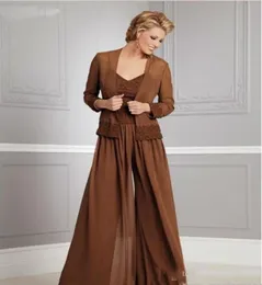 Modest Chiffon Plus Size Mother of the Bride Pants Suits with Jacket V Neckline spaghetti Applique Long Sleeves Groom Mother Dress2805140
