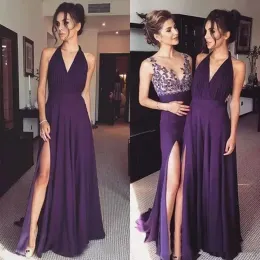 Purple Chiffon Halter Sheer V Neck Bridesmaid Dresses 2024 Long Sexy Side Split Maid Of Honor wedding party guest Gowns