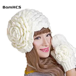 BOMHCS冬の温かいビーニーグローブスーツハンドメイドニットかぎ針編みの帽子キャップグローブ帽子または手袋のための大きな花LJ201120307U