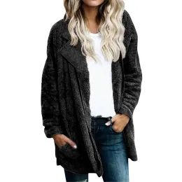 Giacche Moda da donna Abito in peluche Risvolto Manica lunga allentata Giacca di media lunghezza in tinta unita Cappotto versatile casual Chamarras Para Mujeres