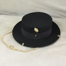 Luksusowa- czarna czapka żeńska brytyjska wełniana impreza mody Flat Top Hat Sain i Fedoras Fedoras for Woman na uliczny shoo295a