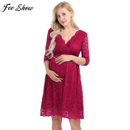 Dresses Pregnant Women Elegant Floral Lace Dress Maternity Half Sleeve V Neck Knee Length Party Dress for Photography Wedding Evenning