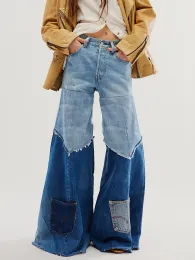 Jeans Patchwork Kadın Denim Pantolon için Yüksek Bel Zayıflama Hit Renk Genişlikli Renkblok Cep Fişekleri Pantolon Moda Sokak Giyin