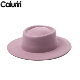 قبعات حافة بخيل Caluriri Wool Fedora Hat Winter Outdoor Lady Elegant Wide 100 ٪ Women Pink Vervent275o