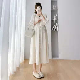 Dresses 2024 spring maternity fashion loose dress long sleeve oneck plus size pregnant woman aline dress button fly pregnancy clothes