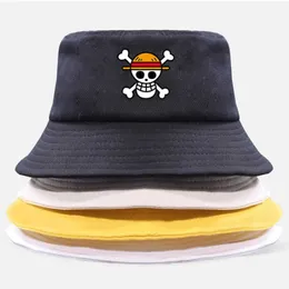 One Piece Bucket Hat Panama Cap the Pirate King Anime Luffy Harajuku Women Men Cotton Outdoor Sunscreen Wide Brim Hats Caps Q0805301C